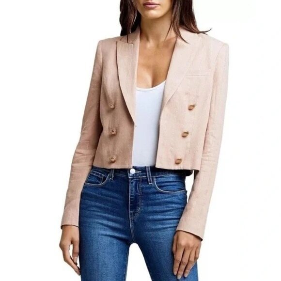 L'AGENCE Inez Cropped Blazer In Biscuit Size 10 Linen Blend Career Designer - Picture 9 of 11